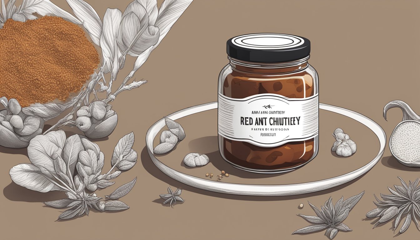 A small jar of red ant chutney sits on a sleek, minimalist table surrounded by exotic spices and ingredients. The label features bold, modern typography