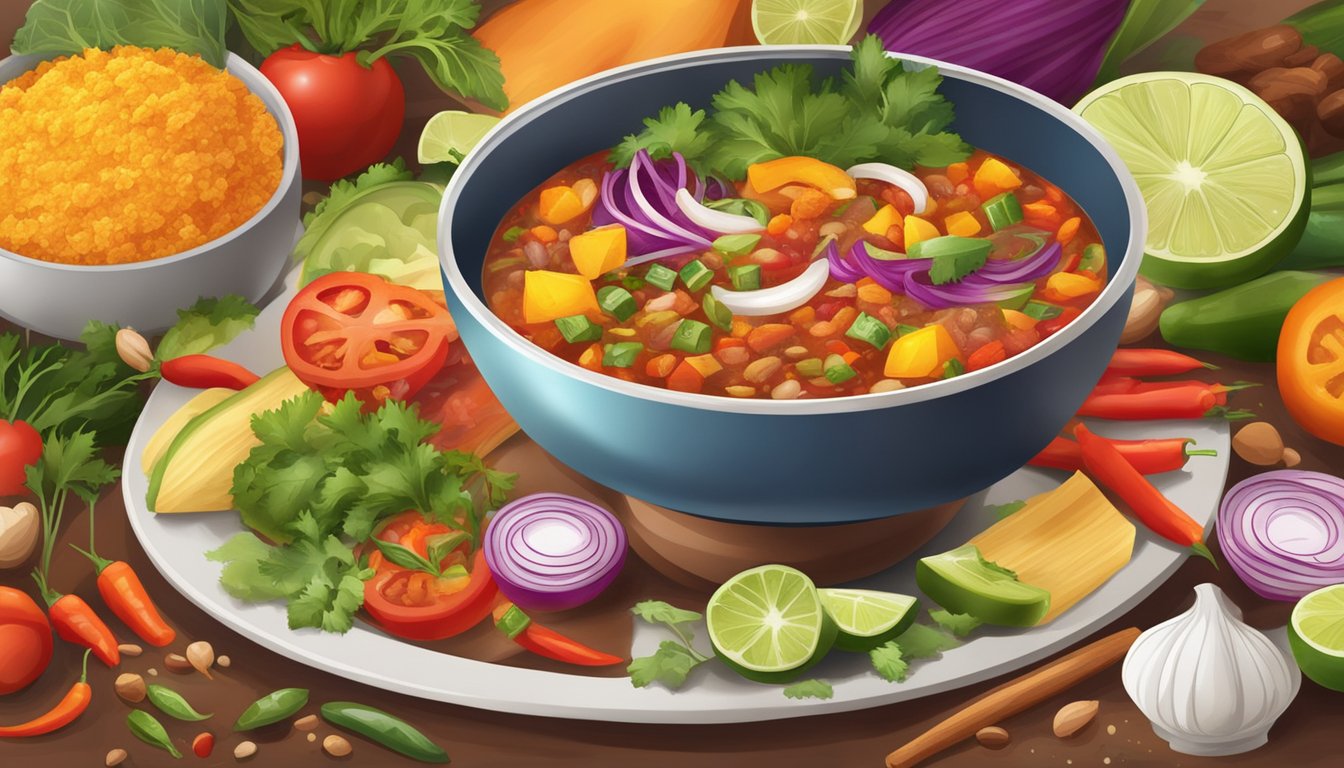 A steaming bowl of menudo surrounded by vibrant spices and colorful vegetables