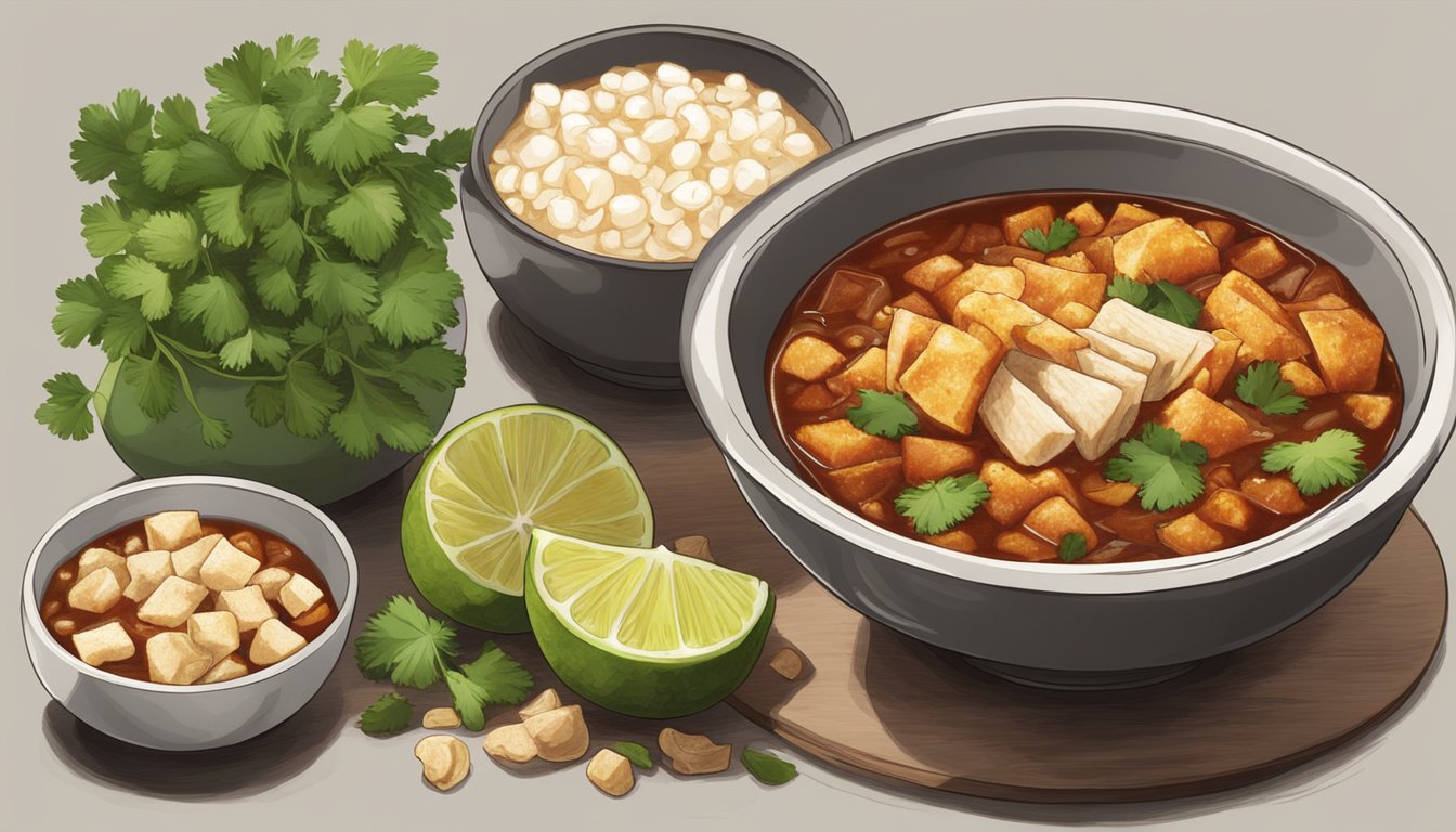 A steaming bowl of menudo with chunks of tripe, hominy, and a rich red broth, garnished with fresh cilantro and a wedge of lime