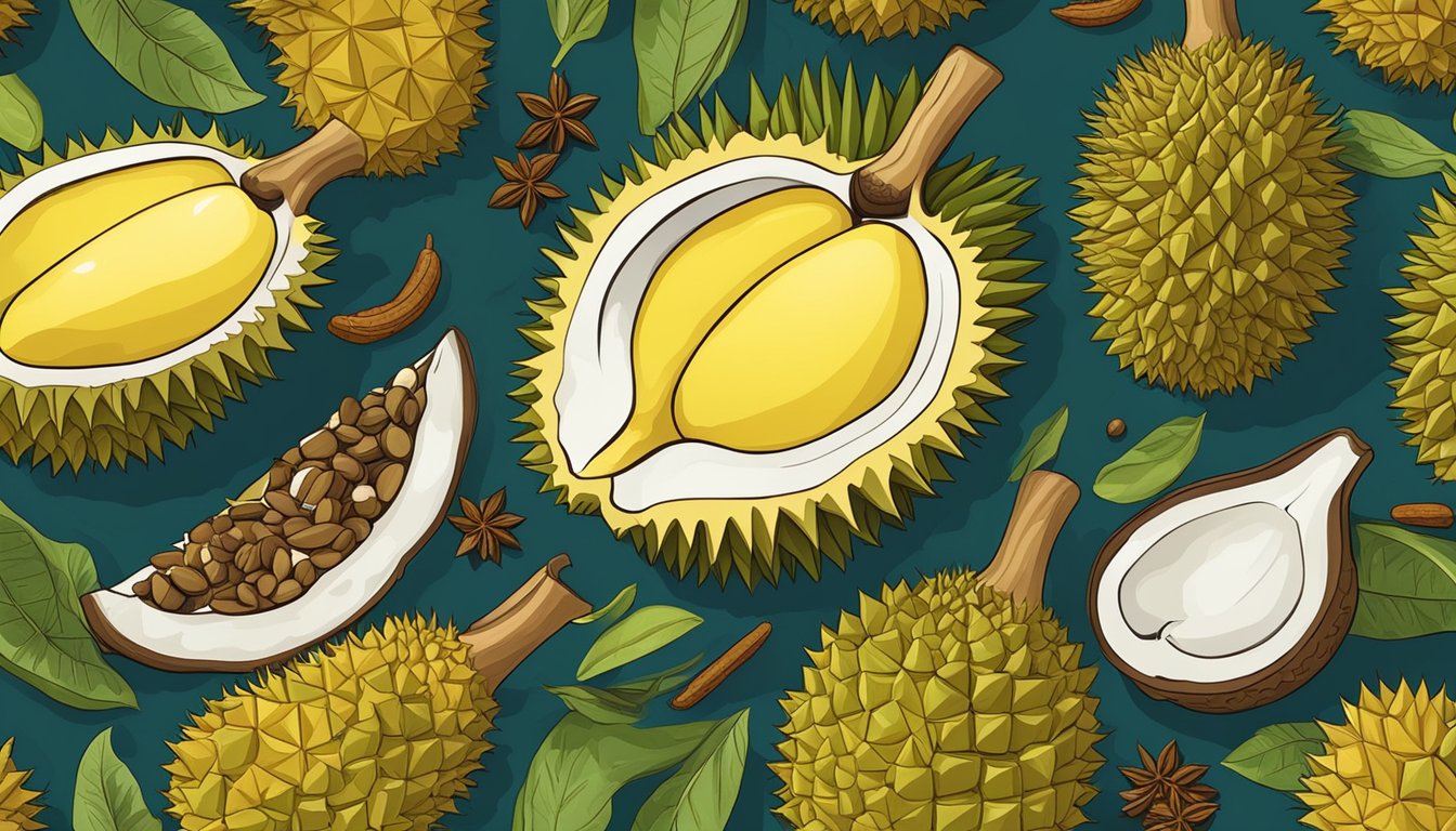 A durian fruit surrounded by exotic spices and cultural artifacts from Southeast Asia