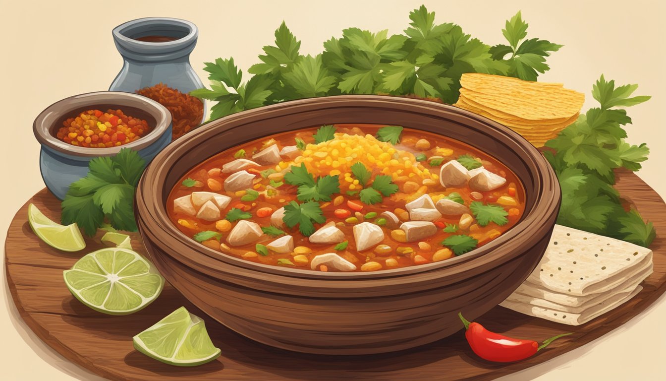 A steaming bowl of menudo sits on a rustic wooden table, surrounded by colorful spices and a stack of warm tortillas