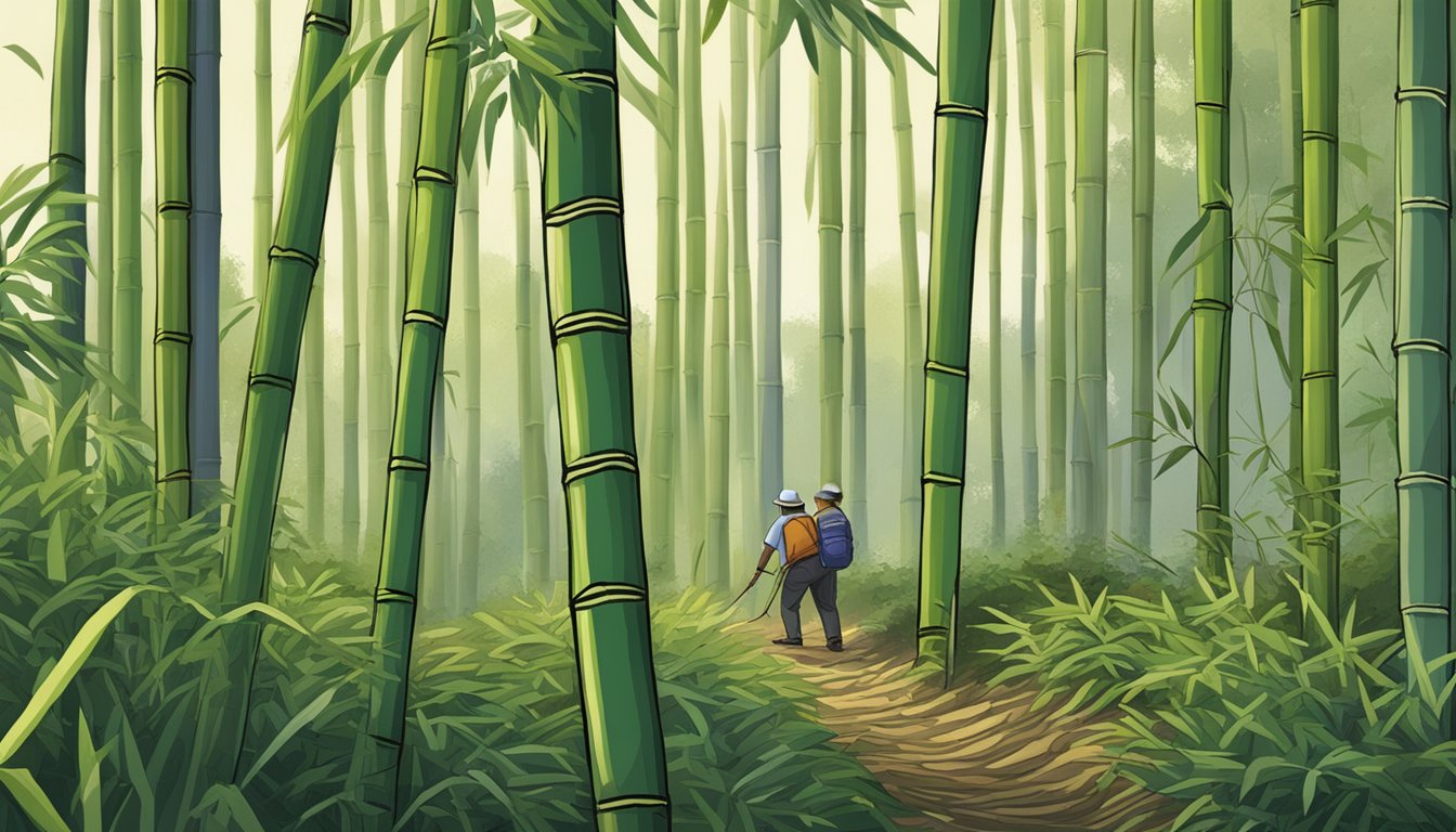 A bamboo forest with worms crawling on the stalks, some being harvested by locals