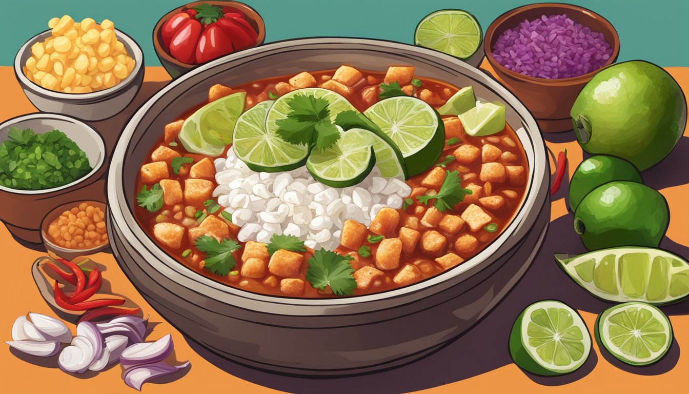 A steaming bowl of menudo sits on a table, surrounded by colorful ingredients like hominy, chiles, and lime slices