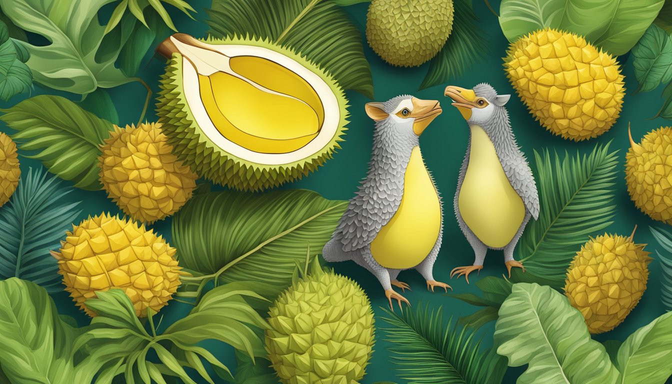 A durian fruit surrounded by lush tropical foliage and curious animals