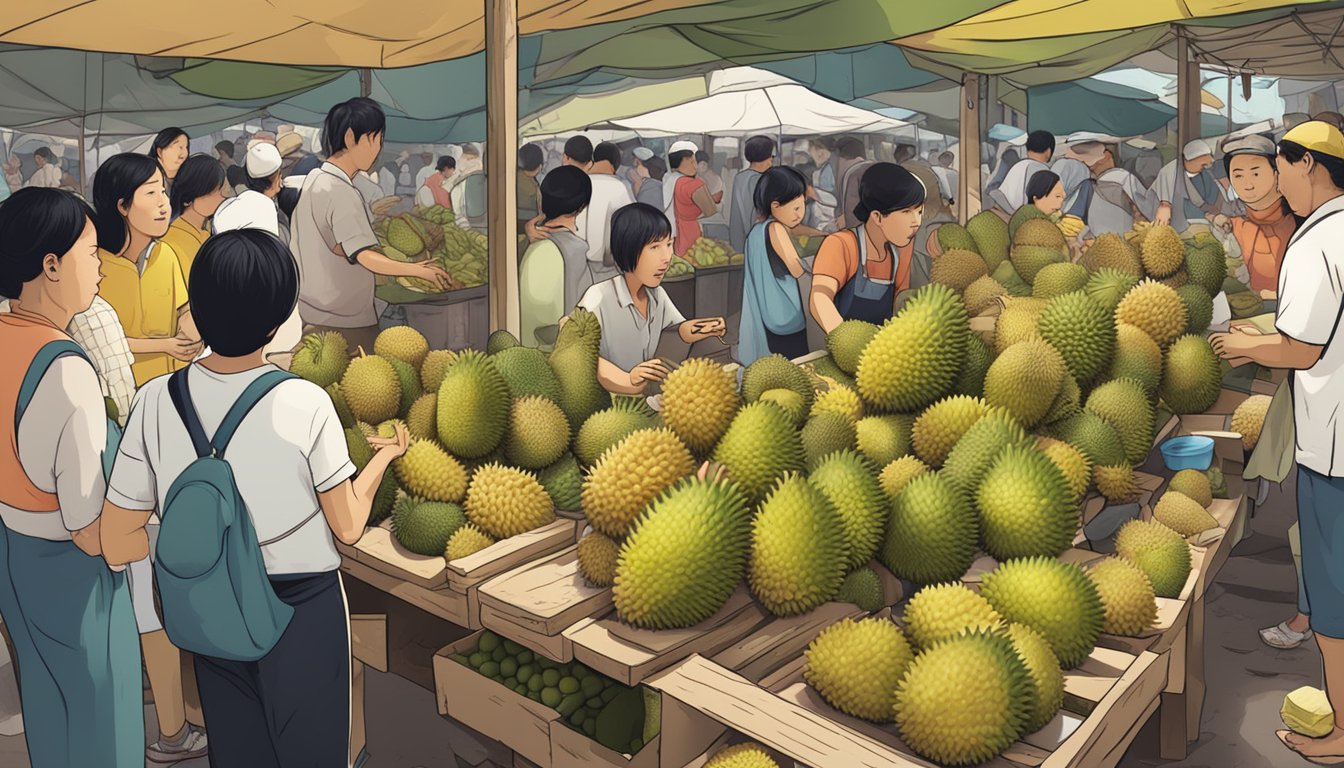 A bustling market with vendors selling durian fruit, while customers react with a mix of curiosity and disgust