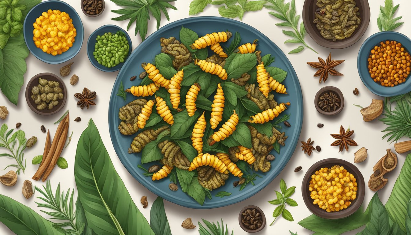 A plate of fried silkworms surrounded by exotic spices and herbs