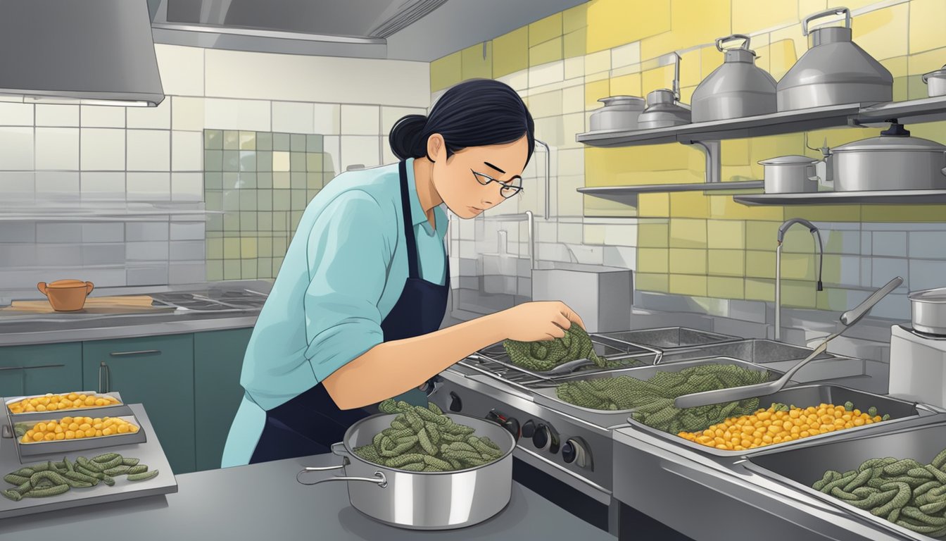 A person frying silkworms in a kitchen, with a concerned expression and a "Health and Safety Concerns" sign in the background