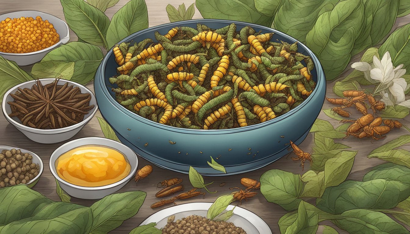 A plate of fried silkworms surrounded by exotic spices and herbs, with steam rising from the crispy, golden-brown insects