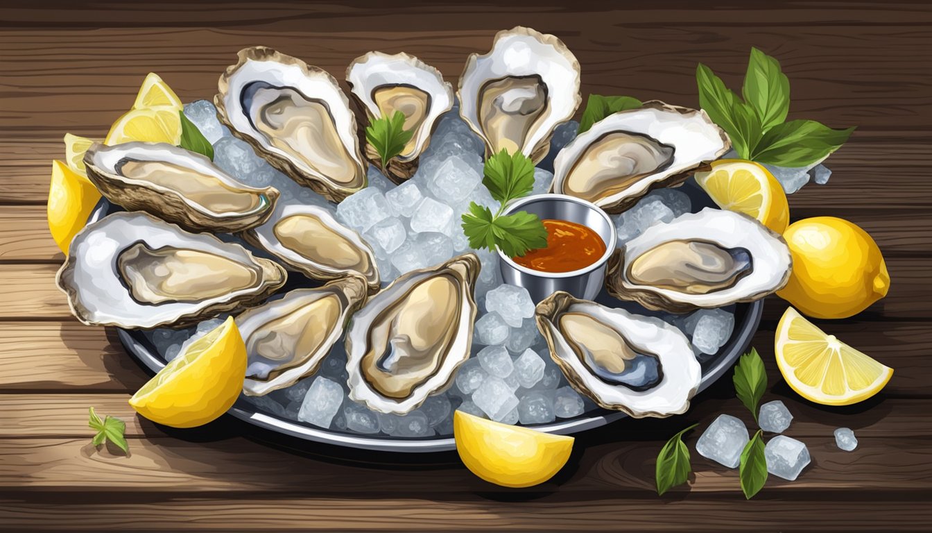 A silver platter of raw oysters on ice, surrounded by lemon wedges and cocktail sauce, set on a rustic wooden table