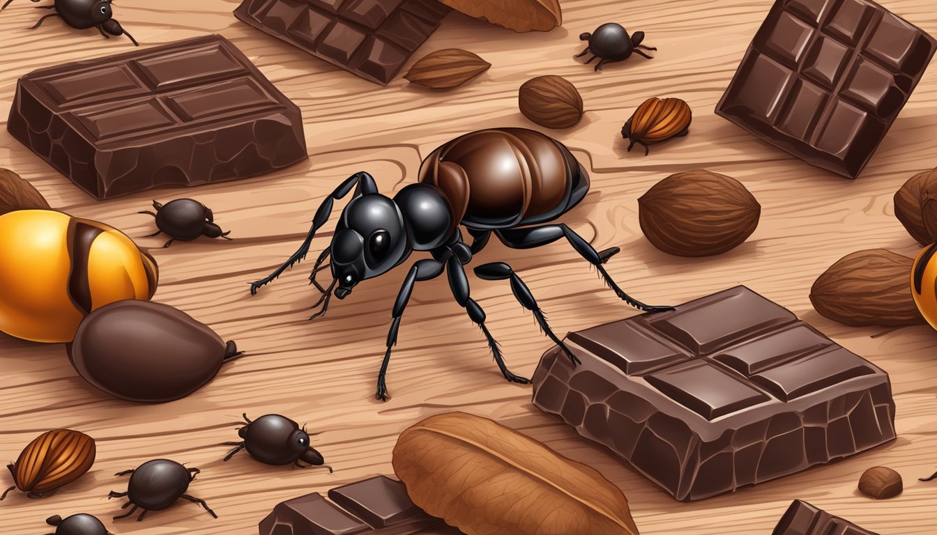 Chocolate ants scattered on a wooden table, surrounded by cacao pods and crawling insects