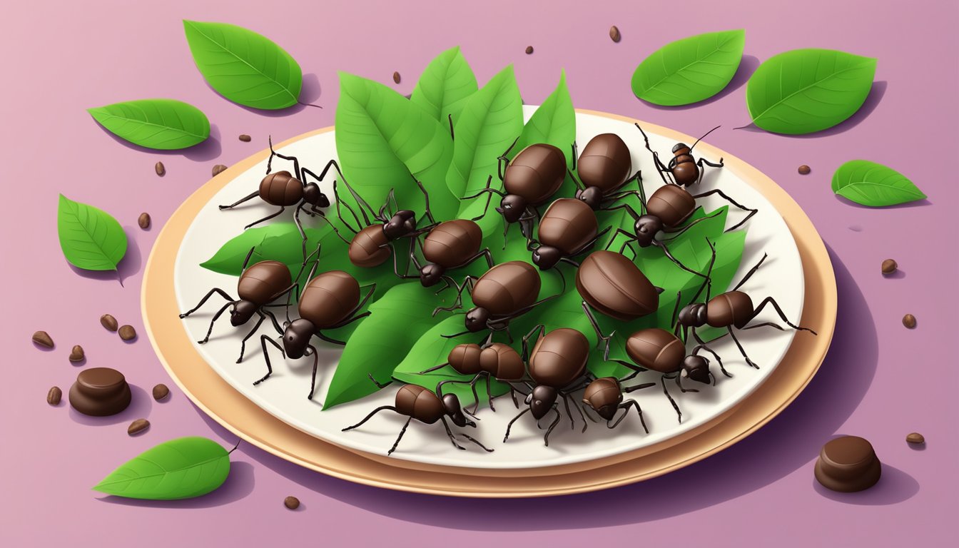 A pile of chocolate-covered ants on a plate, surrounded by vibrant green leaves and small twigs