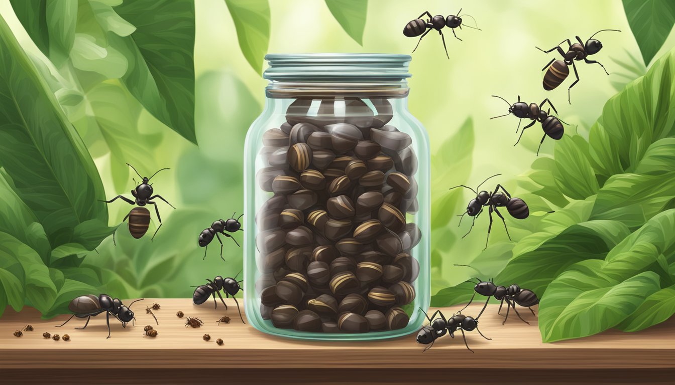 A glass jar filled with chocolate-covered ants sits on a wooden table, surrounded by lush green foliage and small insects