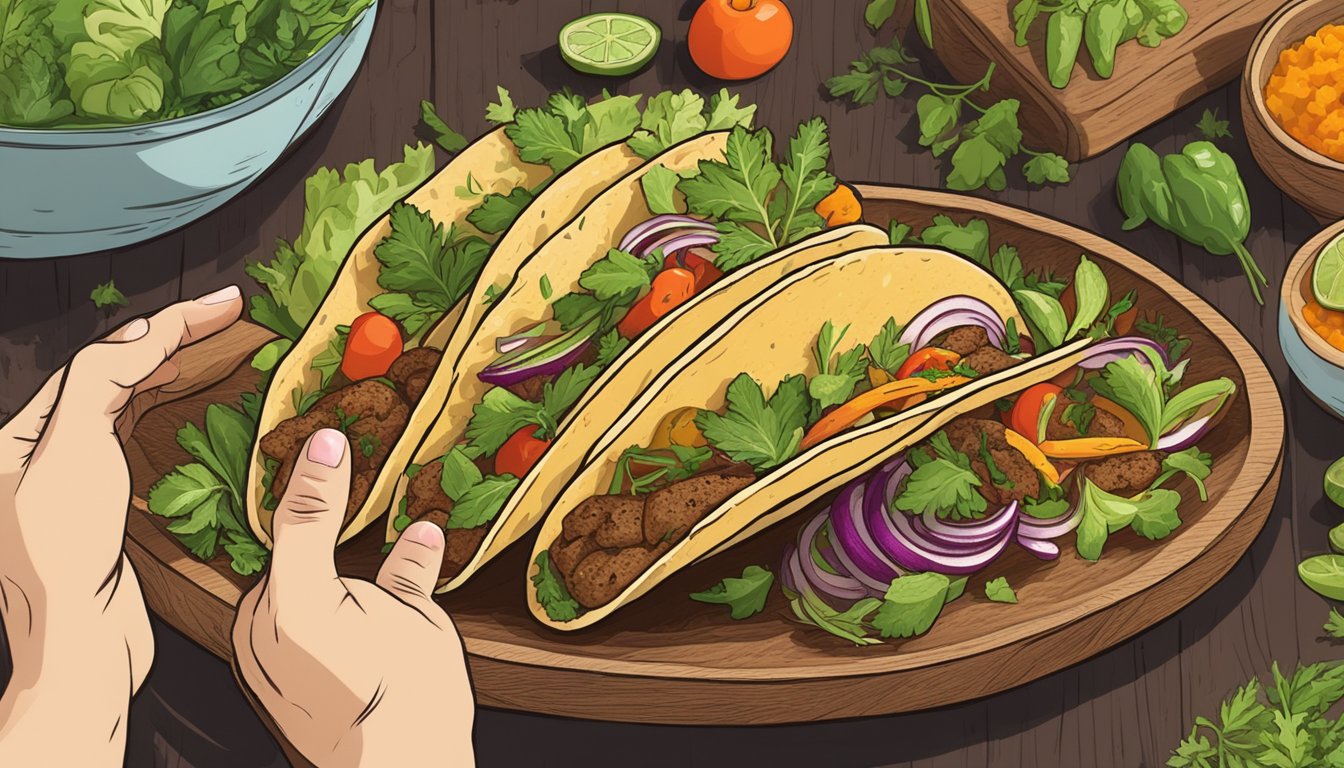 Grasshopper tacos on a wooden plate, surrounded by vibrant vegetables and herbs. A person's hand reaches for a taco, ready to take a bite