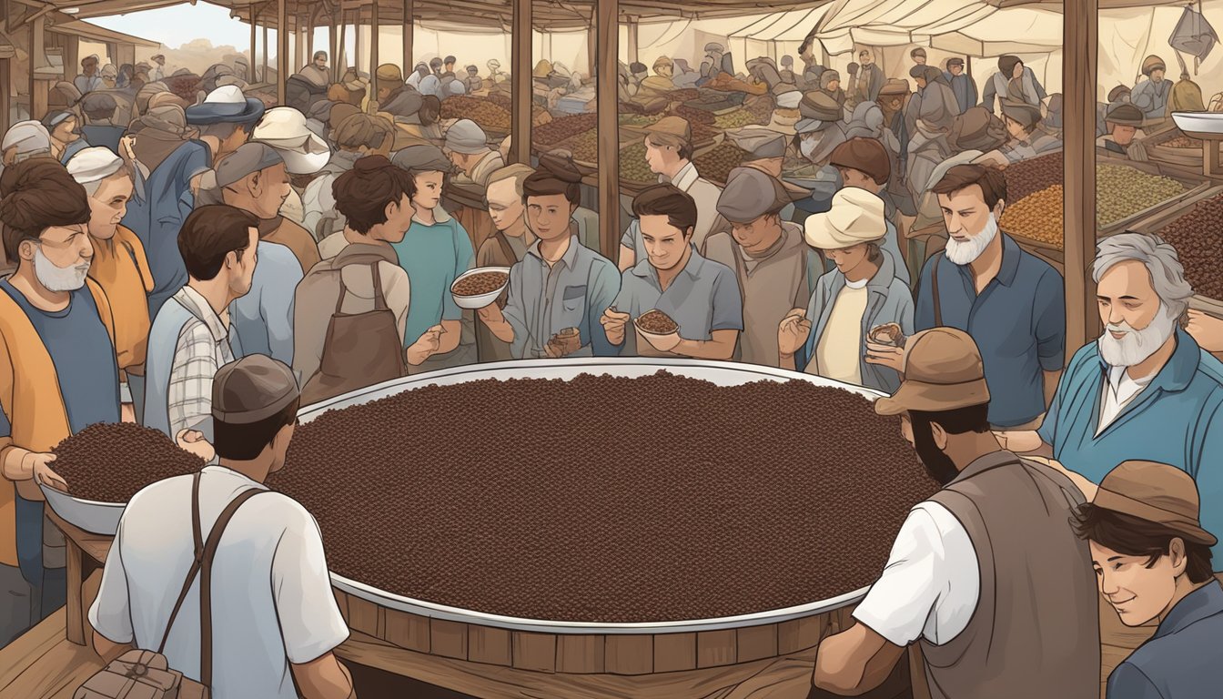 A bowl of chocolate covered ants displayed on a rustic wooden table, surrounded by curious onlookers at a market stall