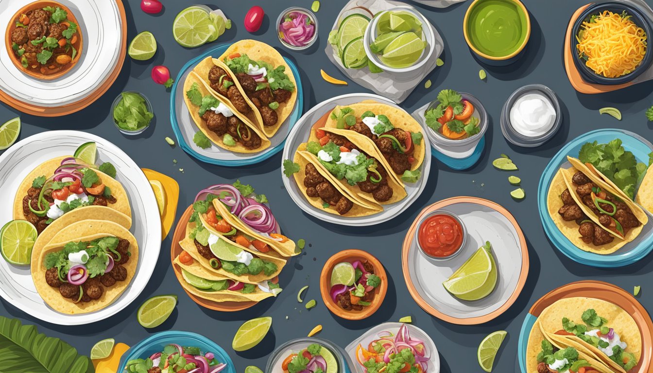 A table set with modern dinnerware showcasing grasshopper tacos with colorful toppings