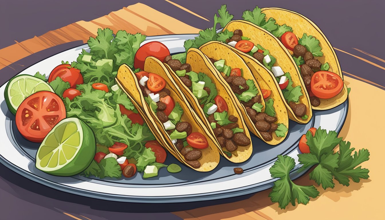 A grasshopper taco lies on a colorful plate, surrounded by vibrant ingredients like lettuce, tomatoes, and salsa. The taco is garnished with cilantro and lime, giving it a fresh and zesty appearance