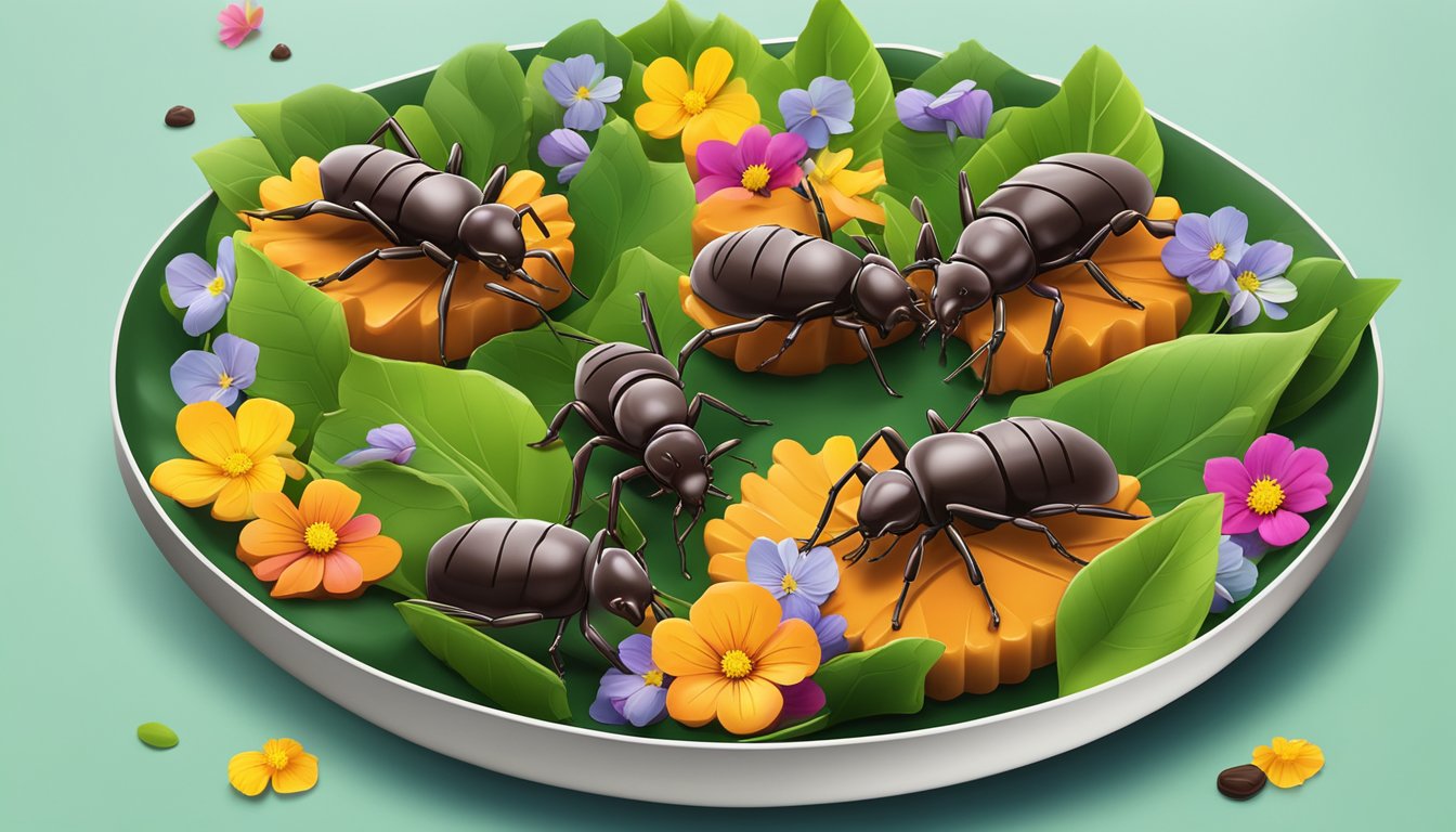 A plate of chocolate-covered ants arranged on a sleek, modern serving dish, surrounded by vibrant green leaves and colorful edible flowers