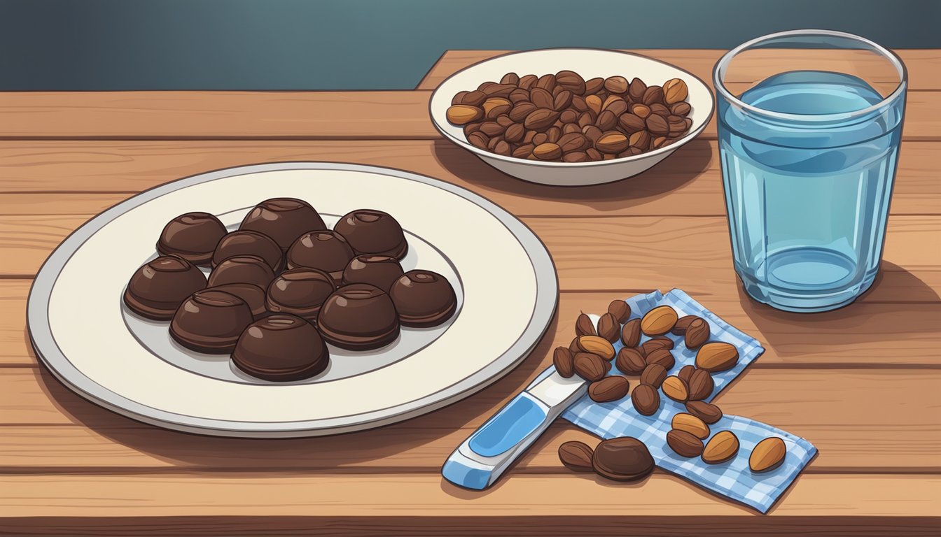 A plate of chocolate-covered ants sits on a wooden table next to a bowl of mixed nuts and a glass of water