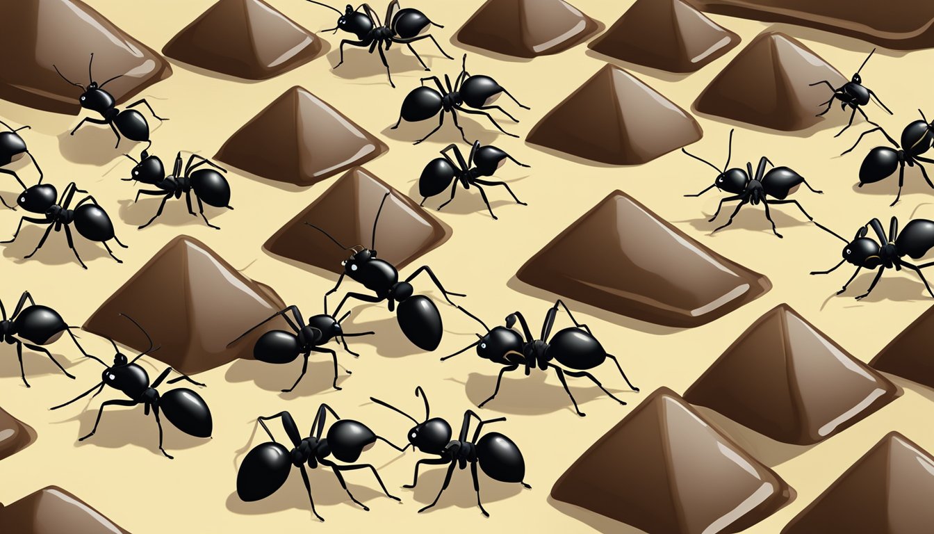 A group of ants crawling on a bed of chocolate, some partially covered. A warning sign with a crossed-out ant and a caution symbol