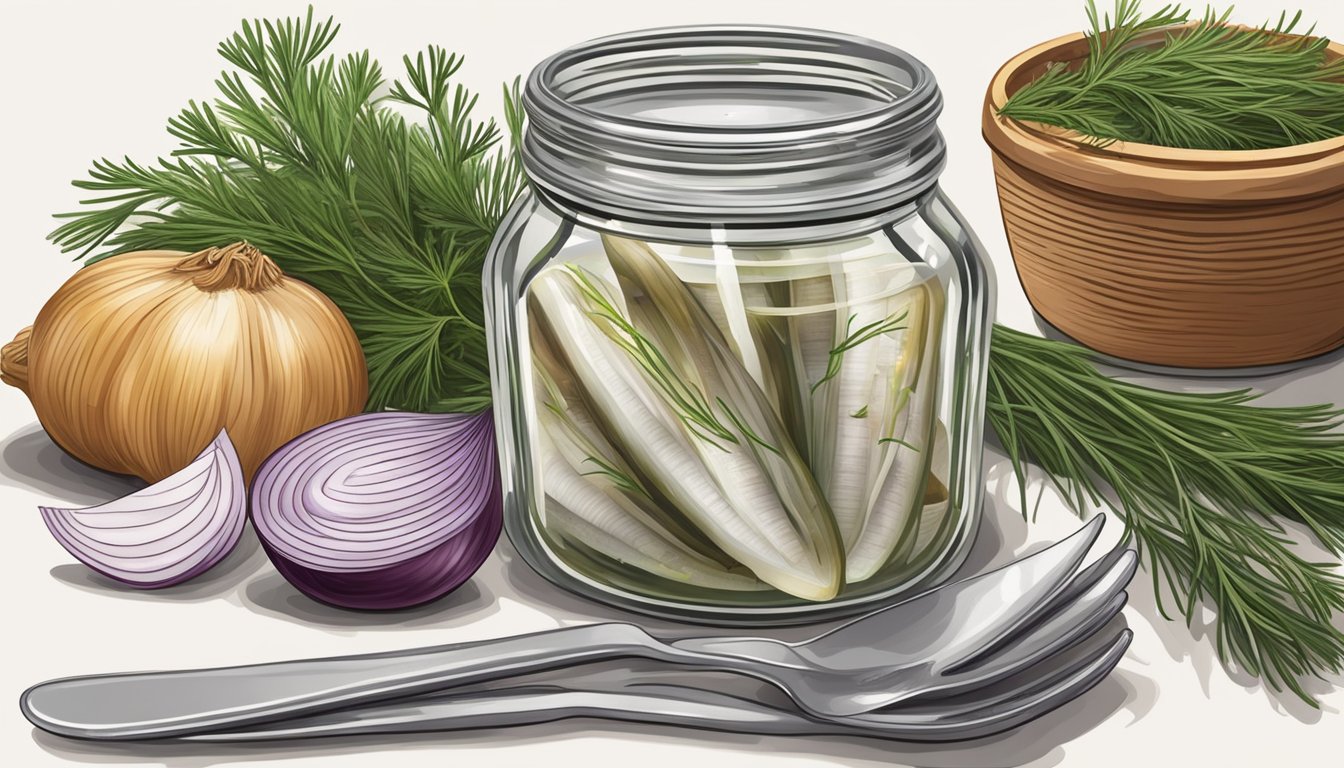 A jar of pickled herring surrounded by sliced onions and dill, with a fork resting on the side