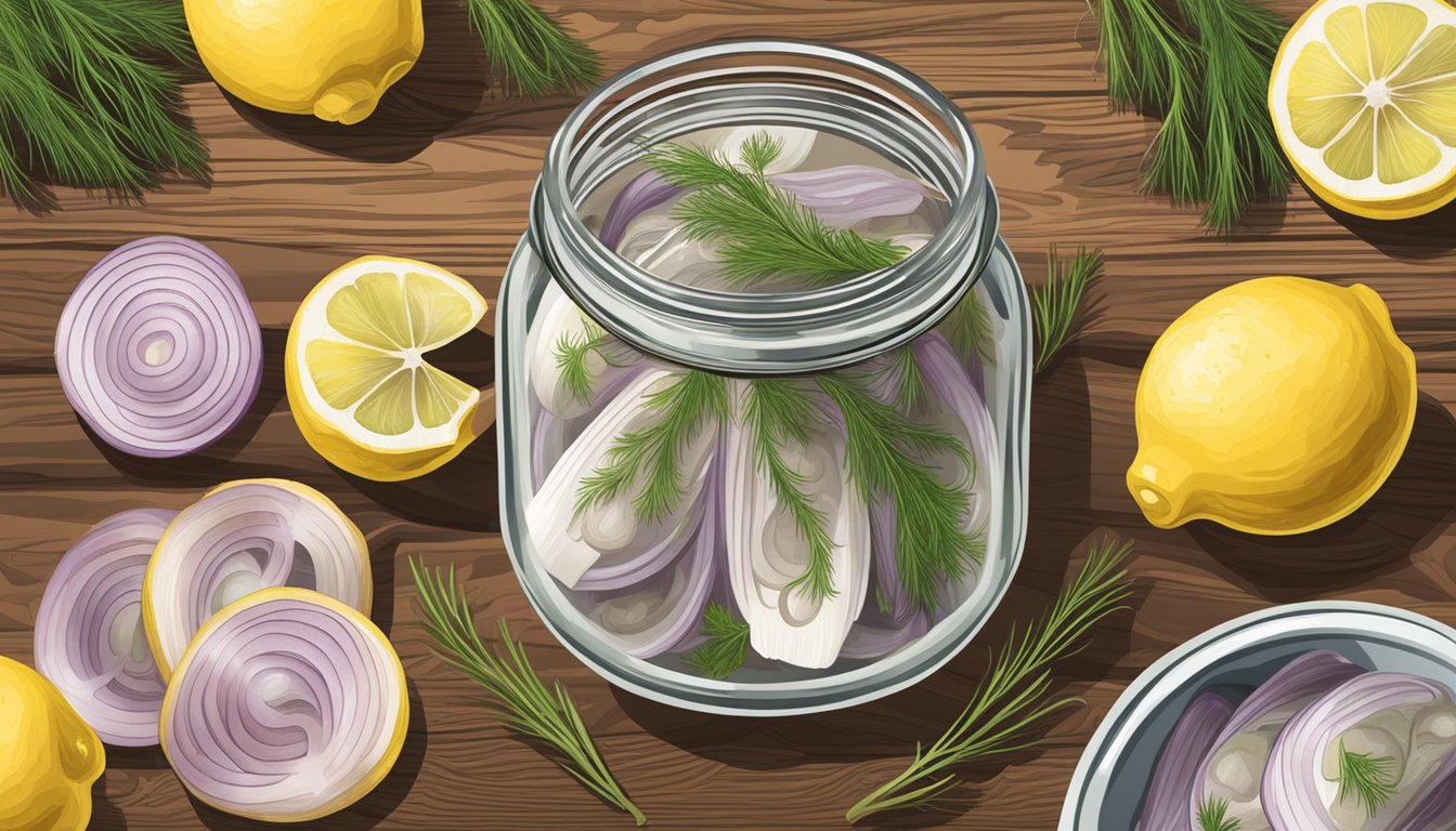 A jar of pickled herring surrounded by sliced onions, dill, and lemon wedges on a wooden cutting board