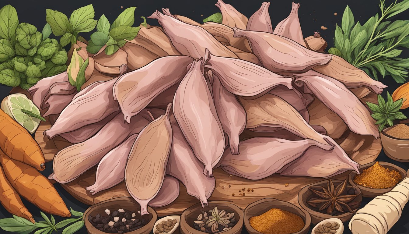 A pile of pigs' ears surrounded by various spices and herbs, ready to be seasoned and flavored