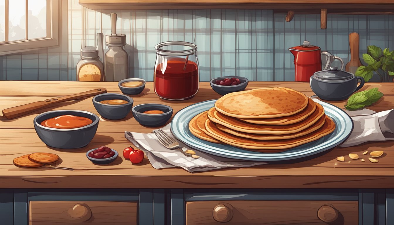 A rustic kitchen with a wooden table set with a plate of blood pancakes and various ingredients scattered around