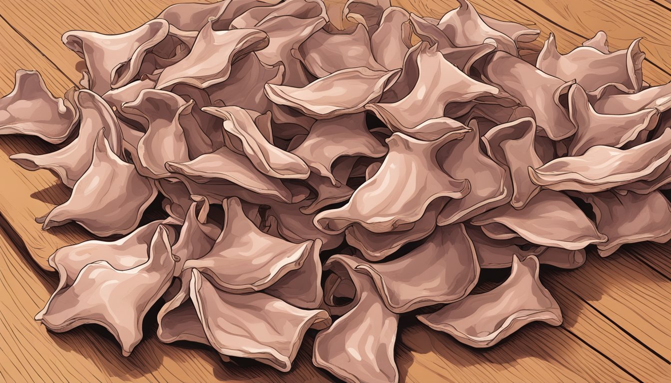 A pile of pigs' ears scattered on a wooden table, with a few ears partially chewed