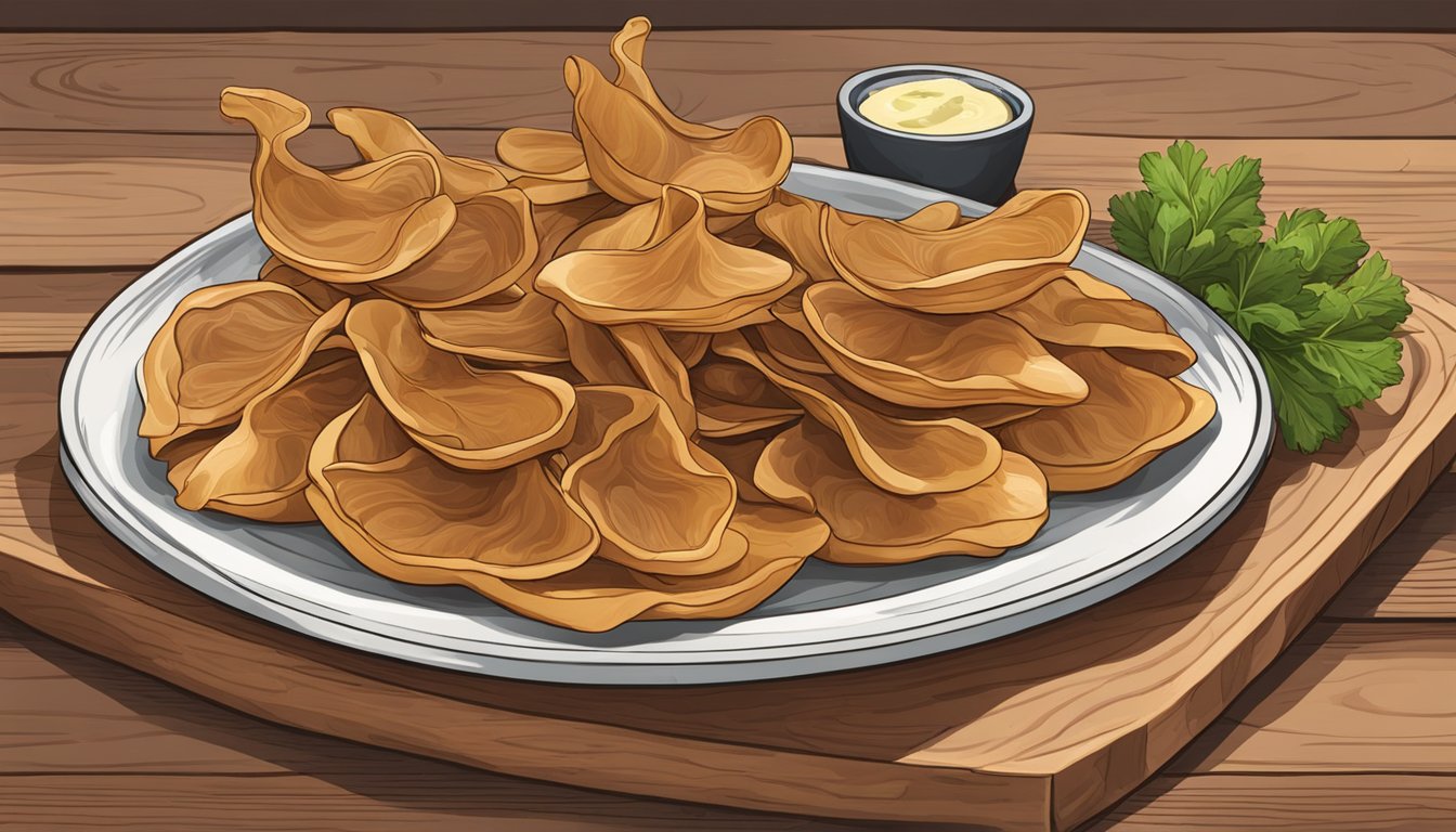 A plate of pigs' ears arranged on a wooden board with garnishes