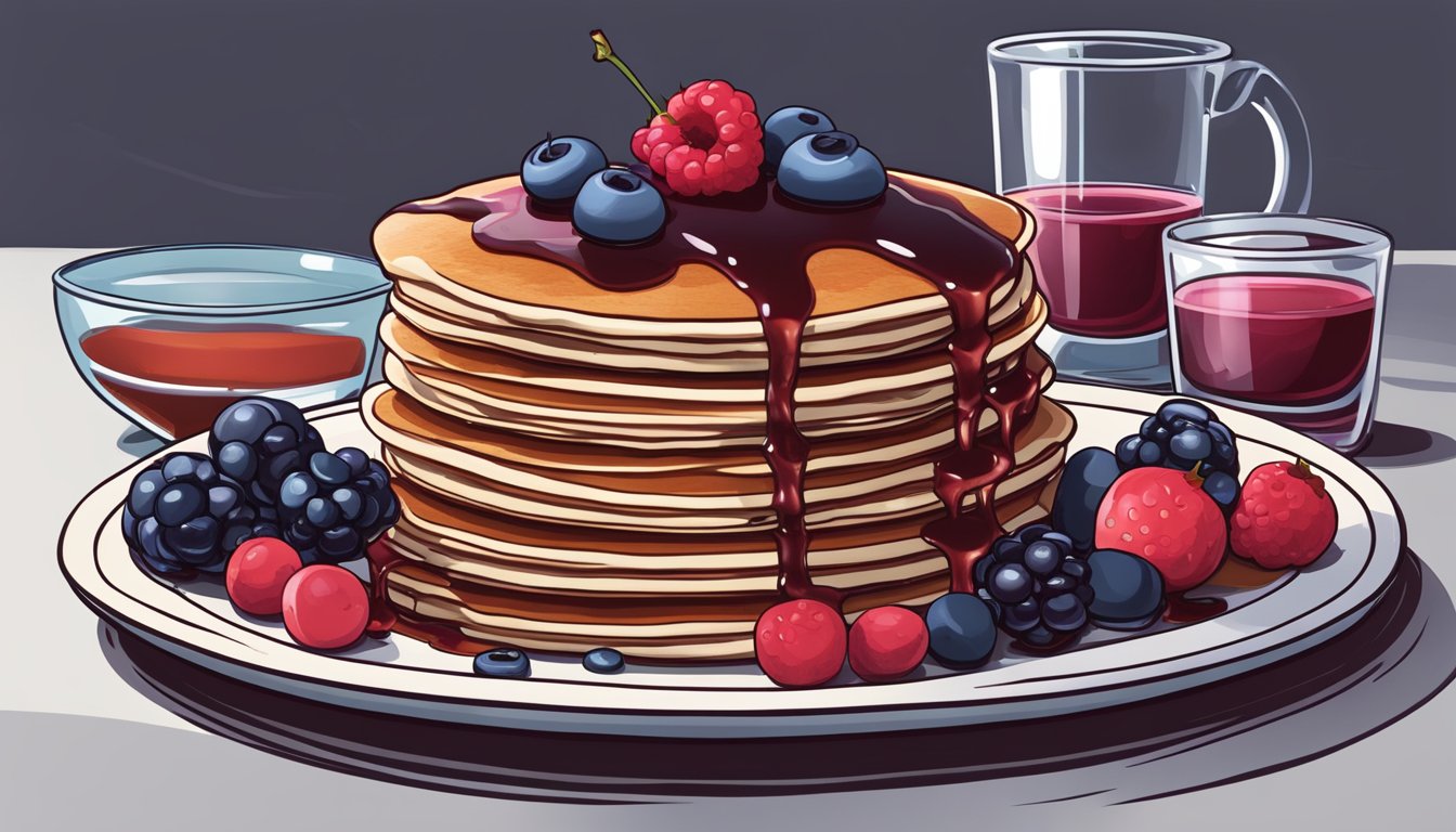 A stack of blood pancakes topped with fresh berries and drizzled with maple syrup, accompanied by a glass of tart cherry juice