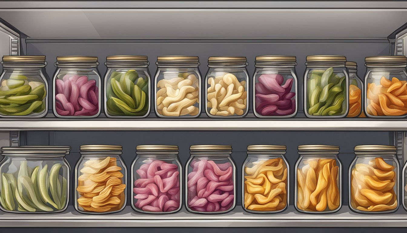 A refrigerator shelf filled with neatly arranged jars of pickled pigs' ears