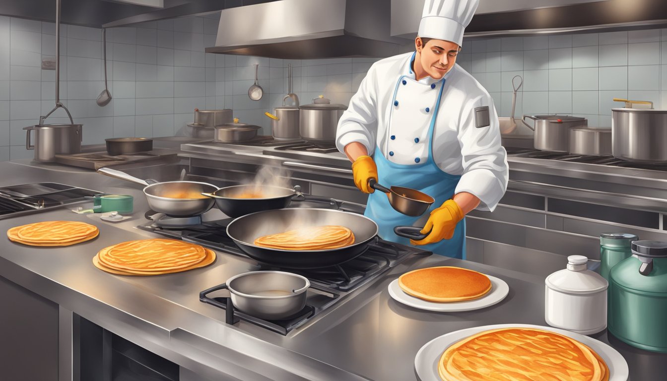 A chef wearing gloves cooks blood pancakes in a well-ventilated kitchen with a fire extinguisher nearby