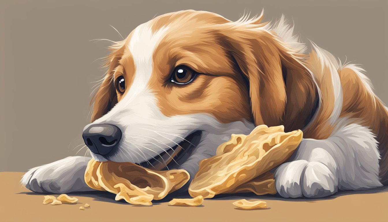 A dog happily chews on a large piece of tripe, its tail wagging in excitement