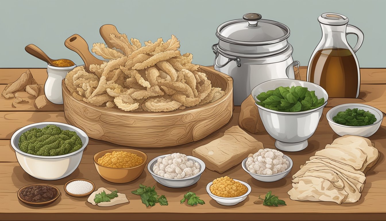 A table with various types of tripe laid out, surrounded by ingredients and cooking utensils