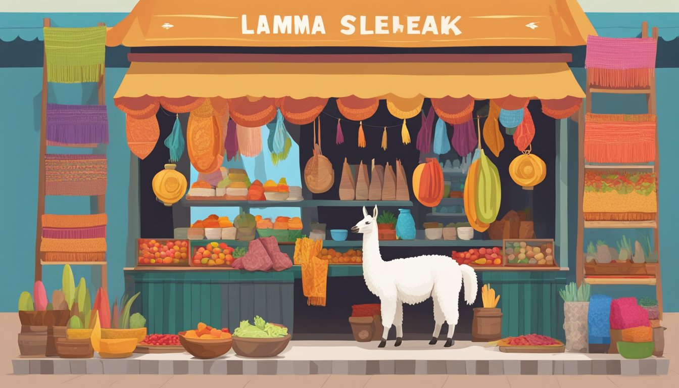 A llama standing in front of a traditional Peruvian market stall, with a sign advertising llama steak. The stall is surrounded by colorful textiles and pottery