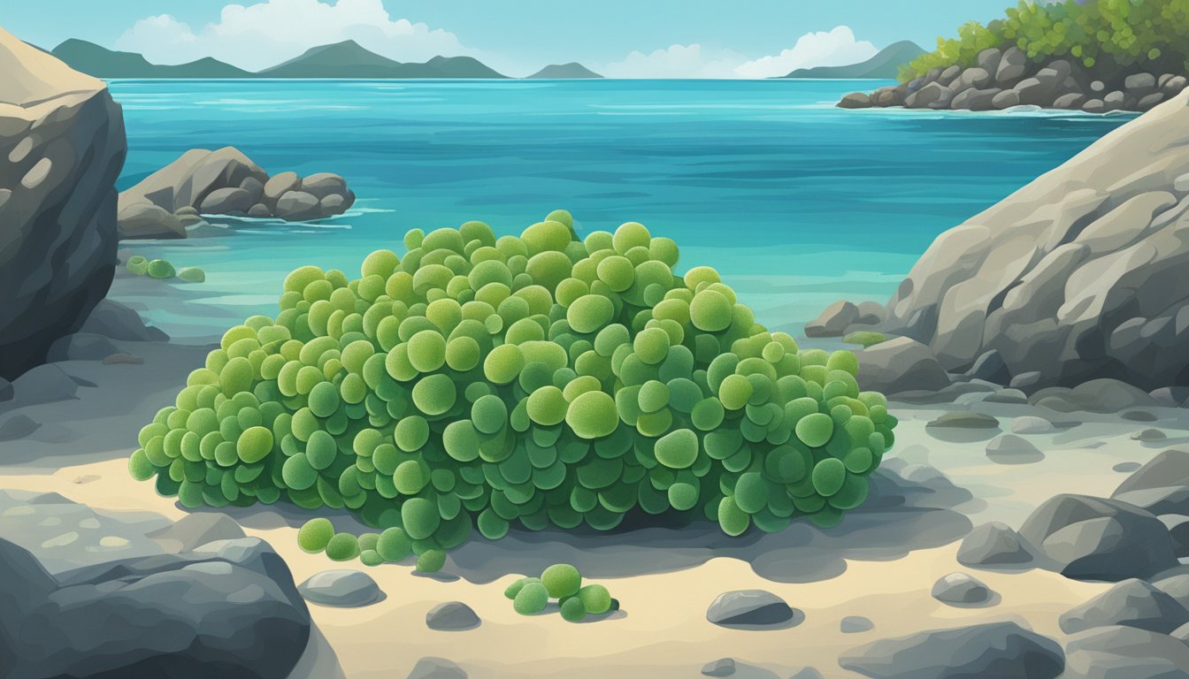 A cluster of sea grapes hangs from a rocky shoreline, surrounded by clear, turquoise water and a few scattered shells