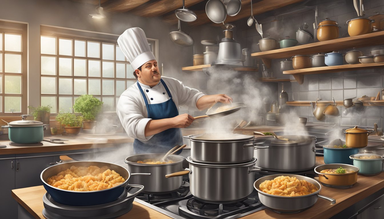 A chef cooking tripe in a bustling kitchen, surrounded by pots and pans, with steam rising from the stove