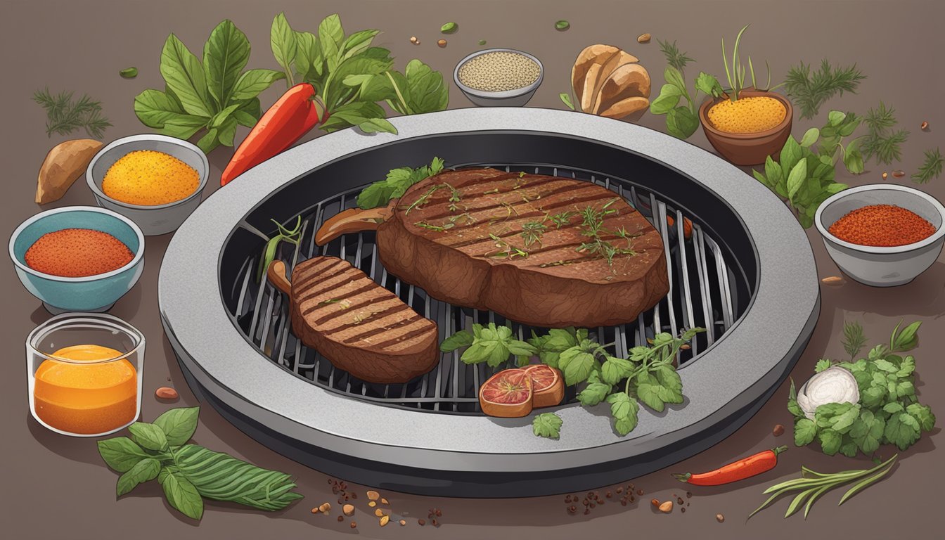 A llama steak sizzling on a hot grill, surrounded by various exotic herbs and spices