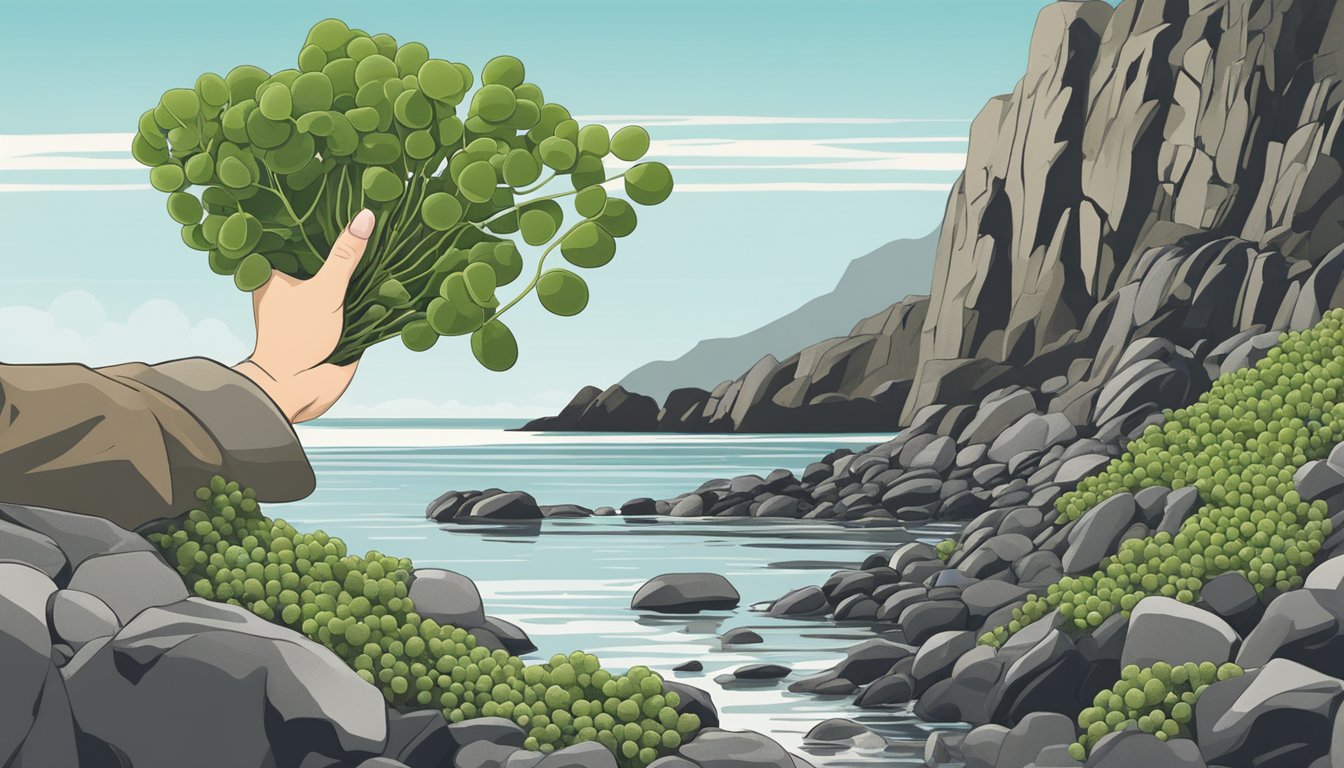 A hand reaching for sea grapes on a rocky shore at low tide