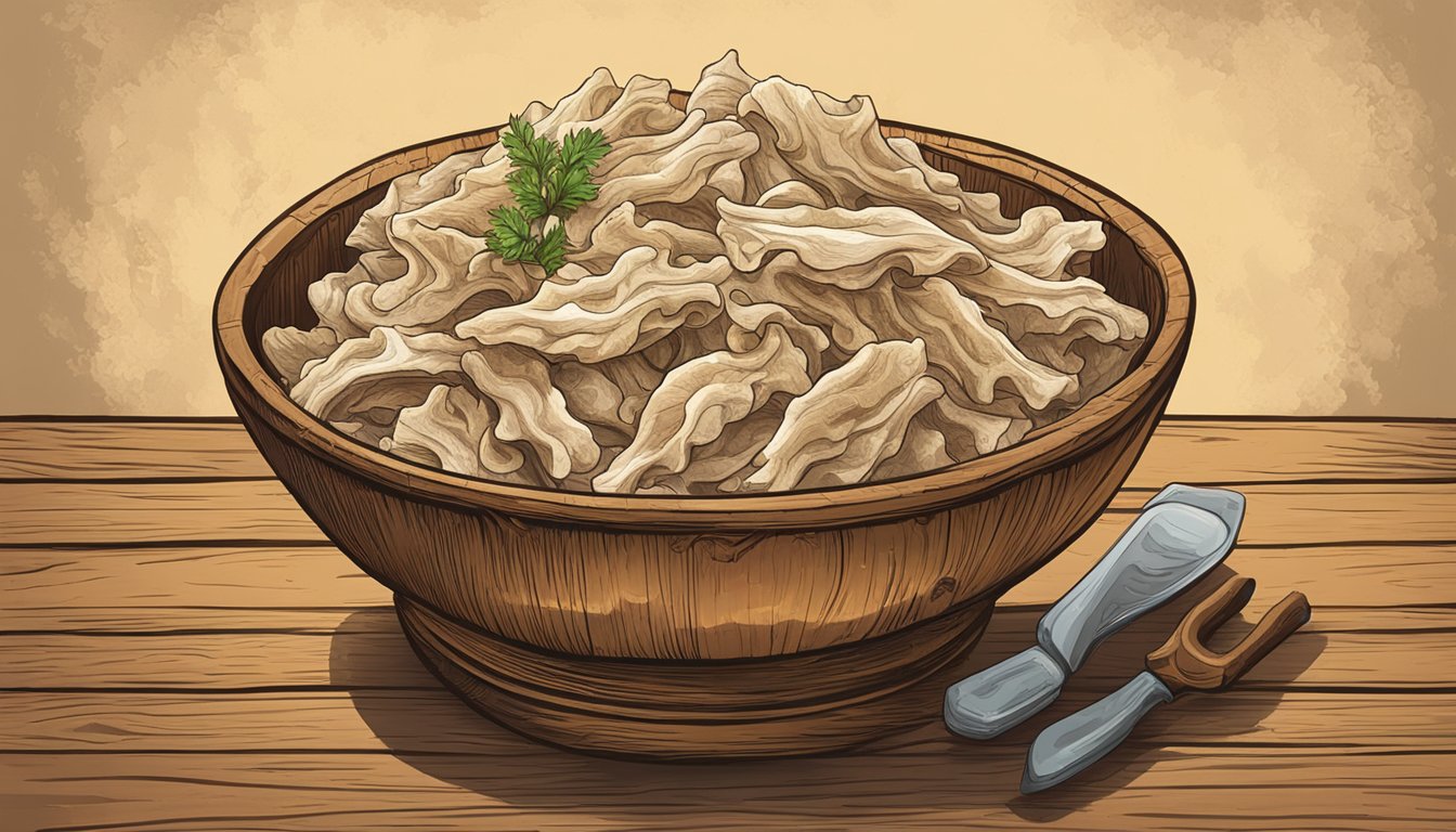 A bowl of cooked tripe sits on a rustic wooden table, its wrinkled texture and unique flavor ready to be explored