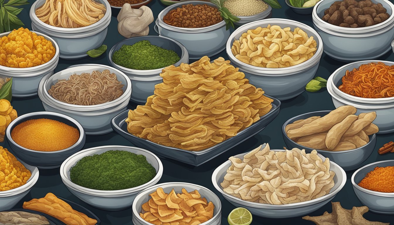 A colorful market stall displays various cuts of tripe from around the world, surrounded by exotic spices and ingredients