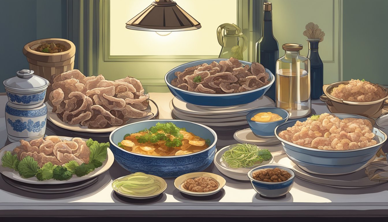 A table with various offal dishes, with a spotlight on a bowl of tripe