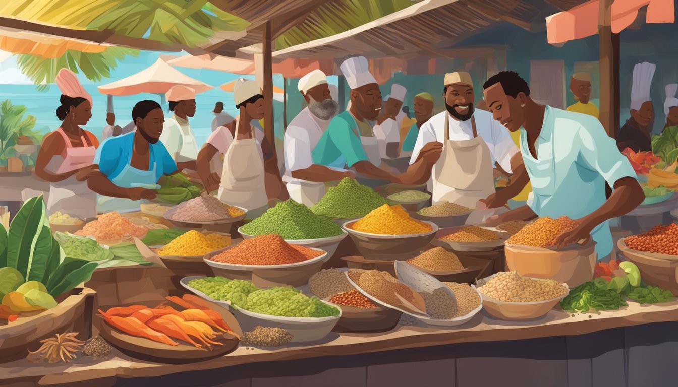 A bustling Caribbean market with vendors selling fresh conch and colorful spices, while chefs prepare aromatic conch dishes in outdoor kitchens