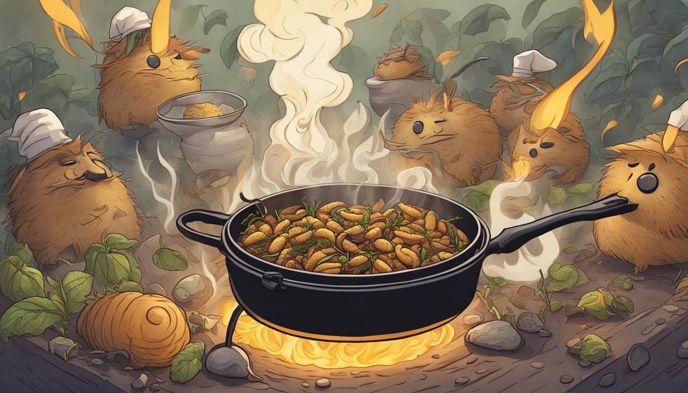 A group of witchetty grubs sizzle in a hot pan, releasing a savory aroma. The background is filled with mysterious and otherworldly elements