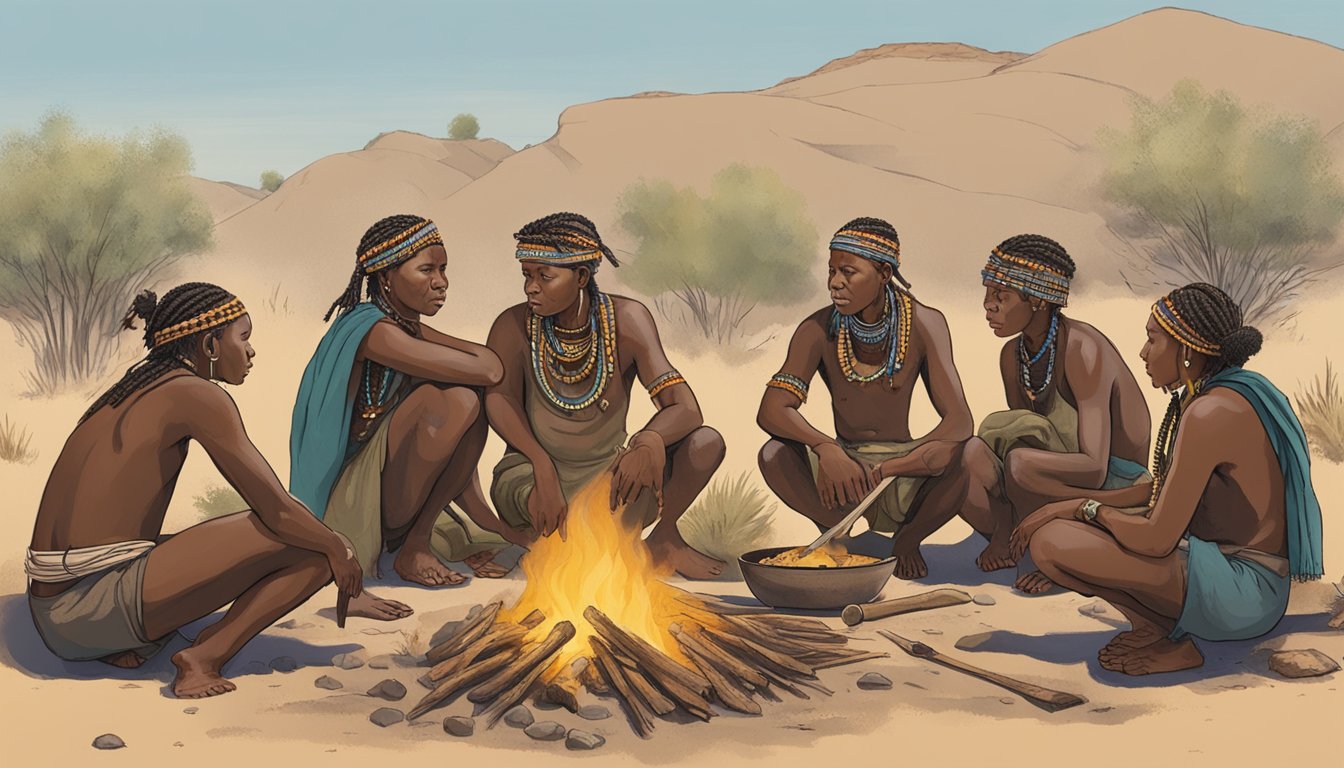 A group of San people gather around a fire, cooking and unveiling a warthog anus as part of their unique culinary tradition