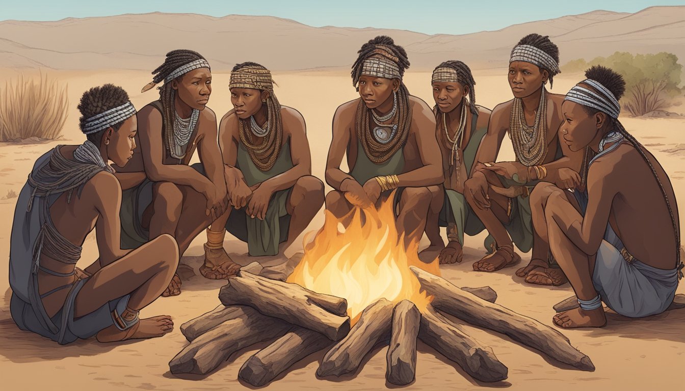 A group of San people gather around a fire, roasting a warthog and unveiling the unusual delicacy of the anus