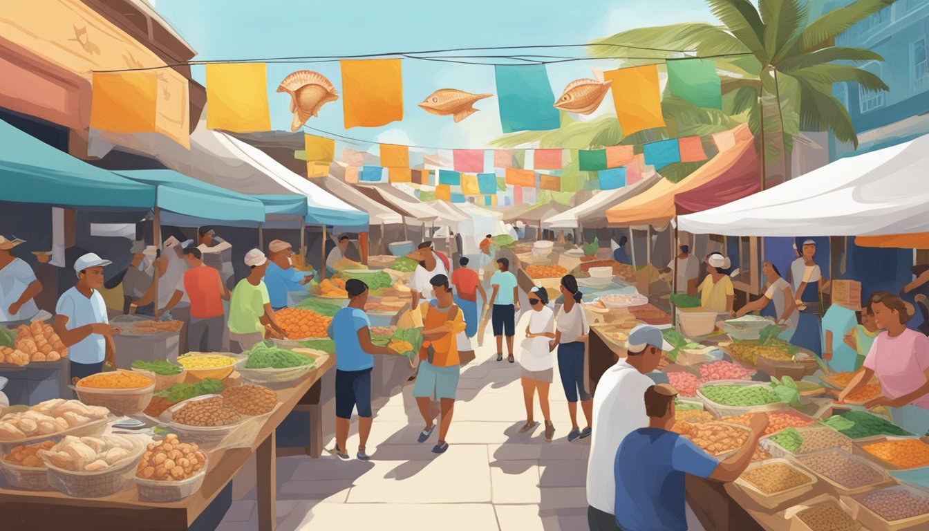 A bustling outdoor market with vendors selling various conch dishes, surrounded by colorful signs and banners promoting conch conservation initiatives