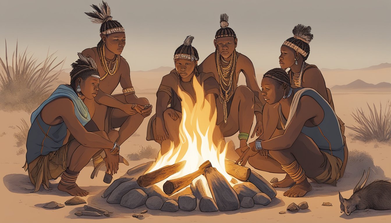 A group of San people gather around a fire, roasting a warthog. One of them holds up the animal's anus, a delicacy in their unique culinary tradition