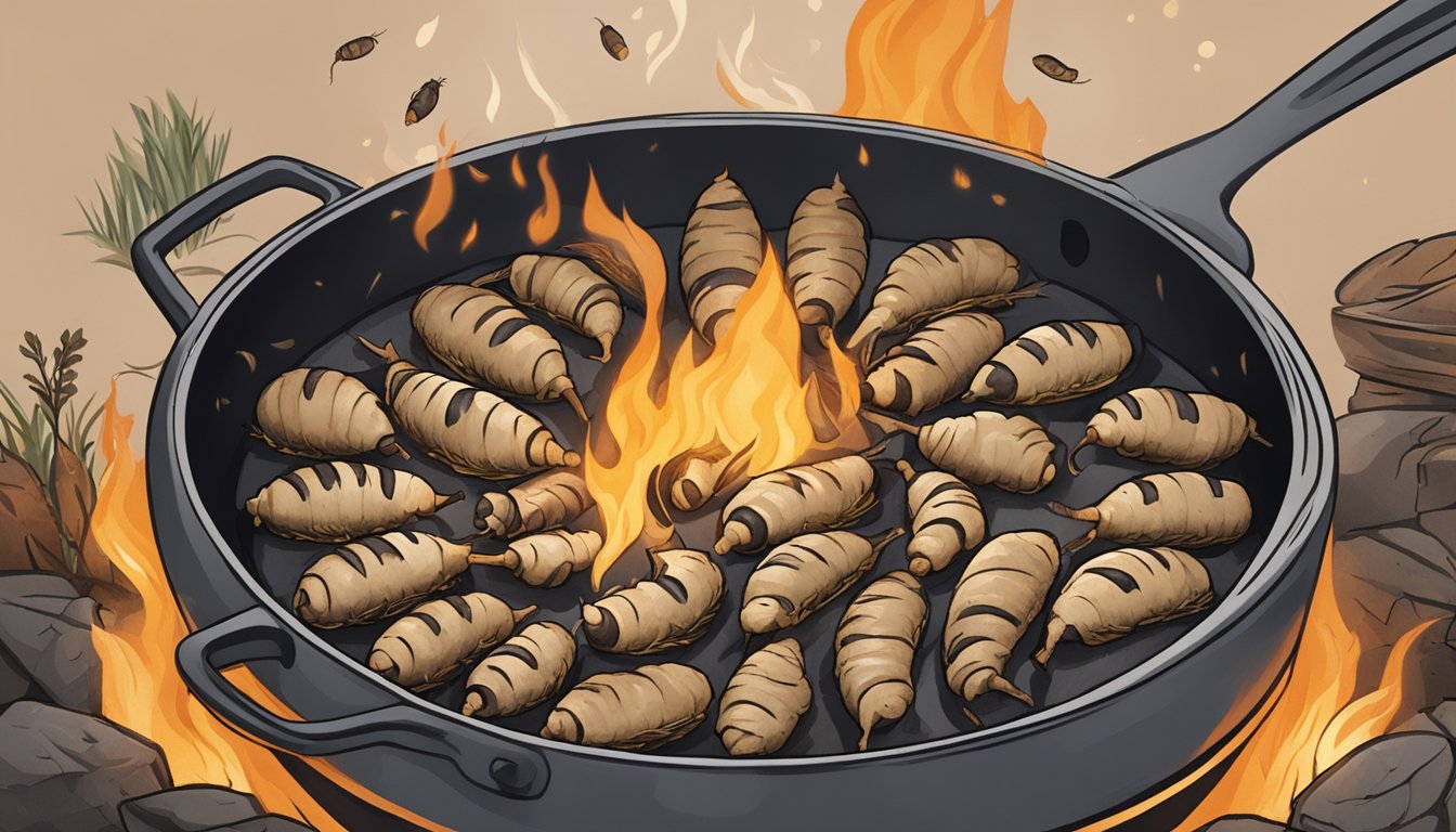 A group of witchetty grubs sizzling in a pan over an open fire, with a smoky aroma wafting through the air