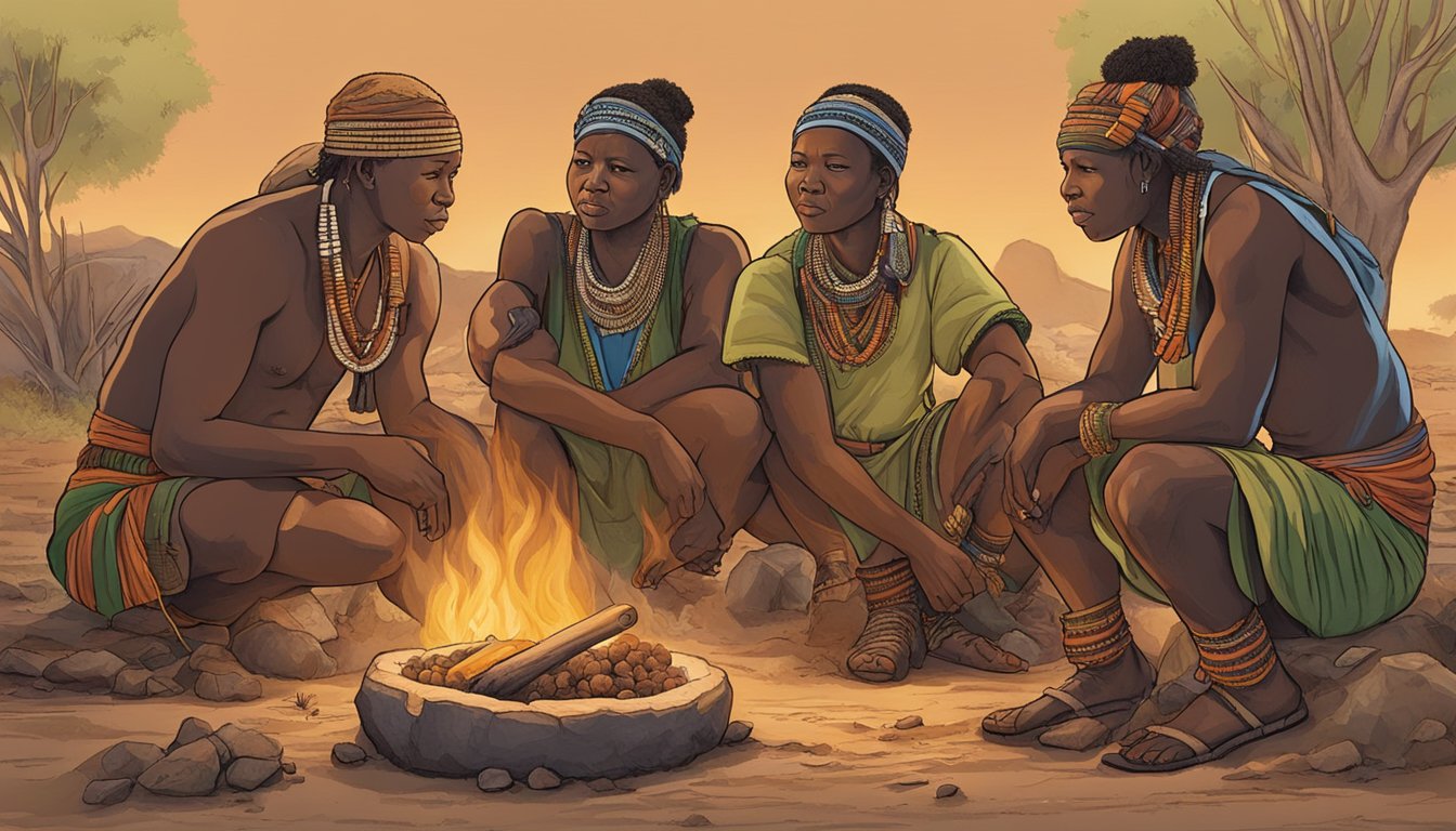 A group of San Peoples gather around a fire, roasting a warthog and unveiling its anus, showcasing their unique culinary tradition